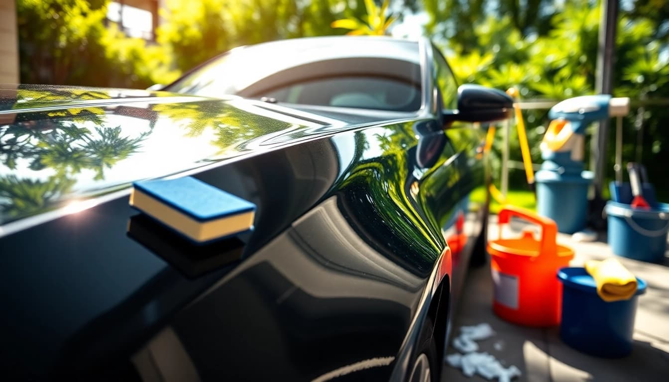 Car detailing near me showing a shiny vehicle being cleaned professionally outdoors.