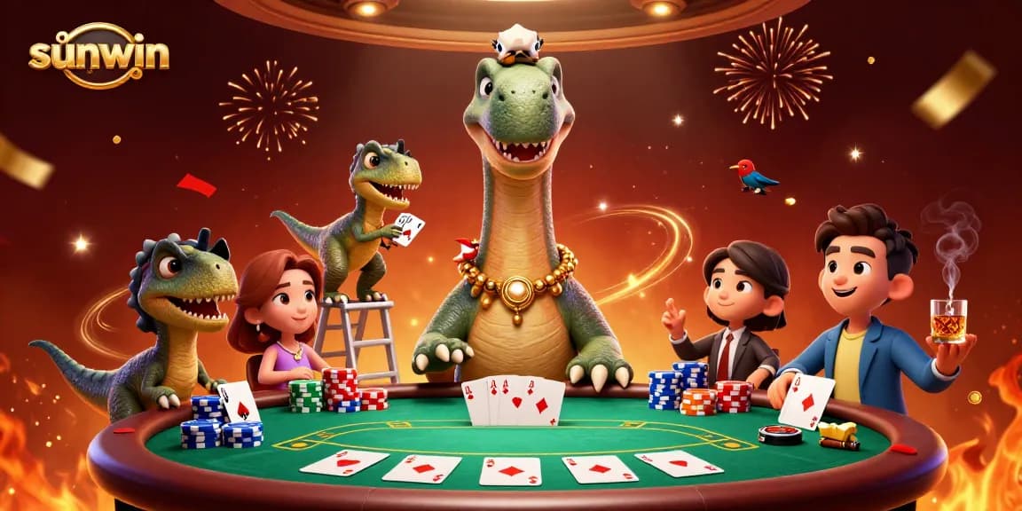 Experience sunwin's thrilling atmosphere with a brontosaurus, raptor dealer, and poker game excitement.