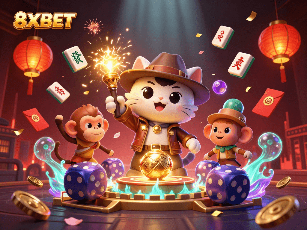 Engage with 8XBET’s thrilling casino atmosphere featuring a vibrant explorer cat and treasures.