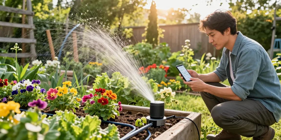 Gardener using a smart sprinkler system in a blooming garden, showcasing automated irrigation for plants.