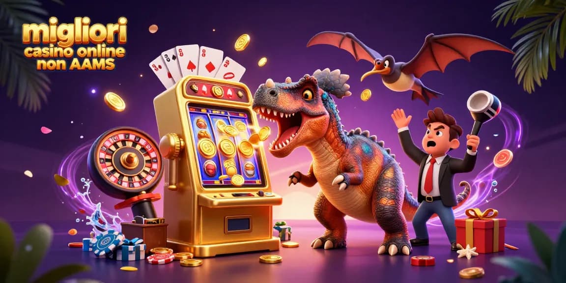 Scopri i migliori casino online non AAMS con un pachicefalosauro che colpisce una slot machine per il jackpot.