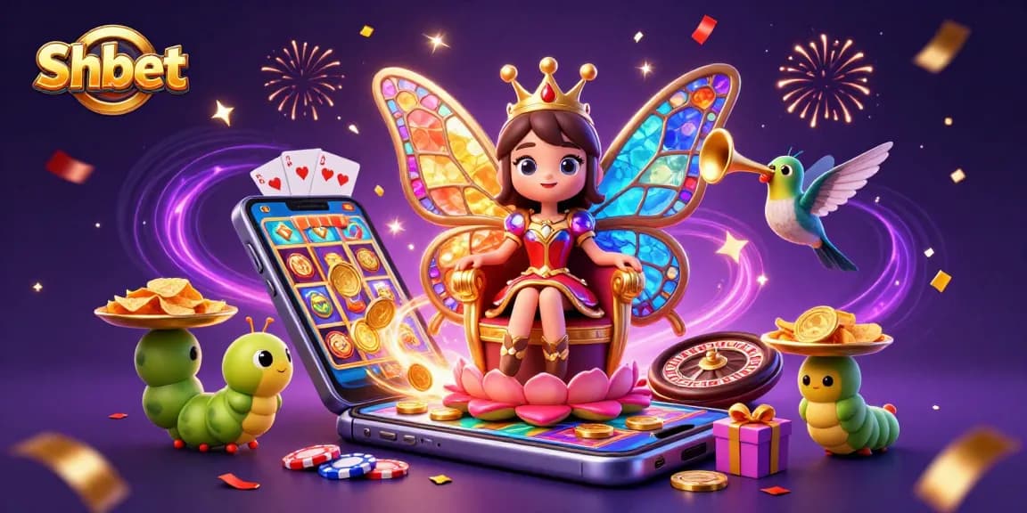 Shbet's vibrant gaming experience illustrated with a butterfly queen and captivating casino elements.