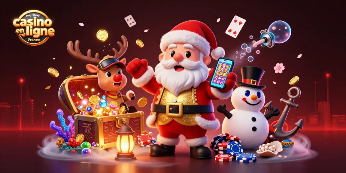 Visuel illustratif dynamique représentant le meilleur casino en ligne en France avec des personnages de casino et de nombreux éléments ludiques.