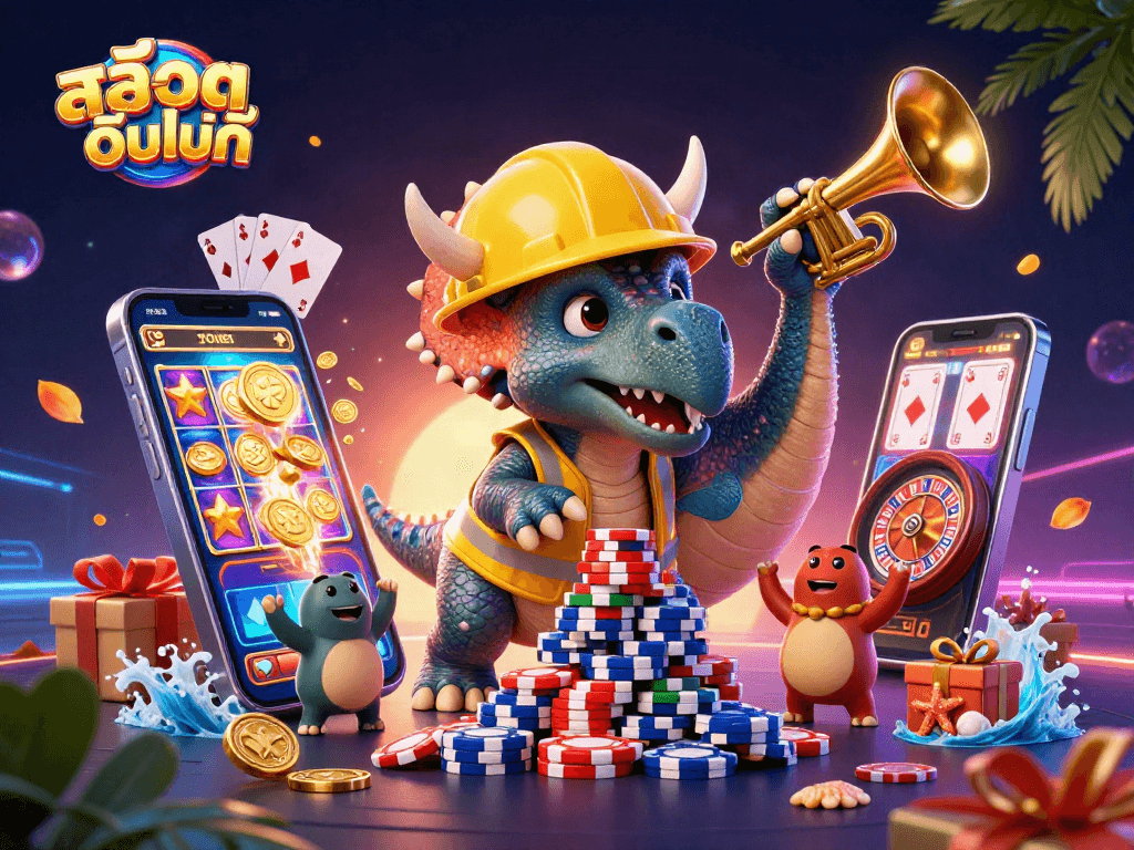 Experience the thrill of สล็อตออนไลน์ with a vibrant scenario featuring a triceratops creating a poker chip pyramid.