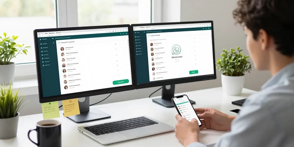 User engaging with WhatsApp網頁版 on laptop in bright modern office setting.