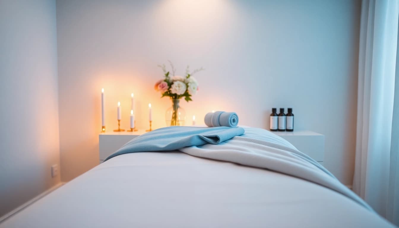 Calming in-home 출장 massage setup with soft lighting and soothing decor.