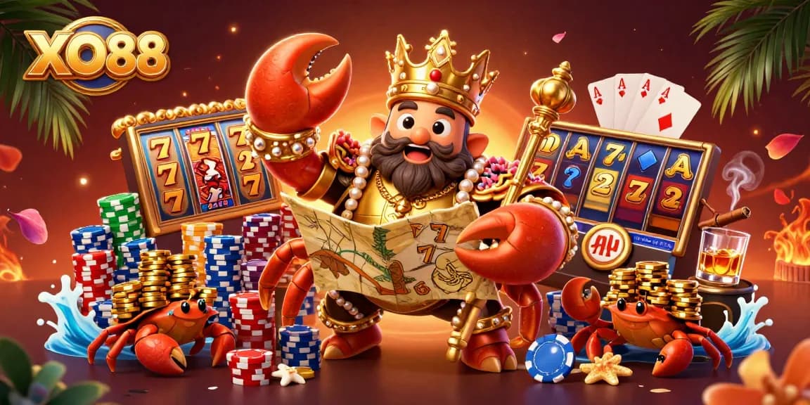 Experience the vibrant XO88 casino with dynamic slot reels and a royal crab emperor.