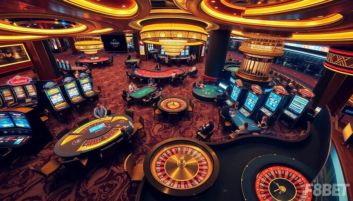 Exciting gameplay at Nhà cái F8BET's luxurious casino with vibrant slot machines and poker tables.