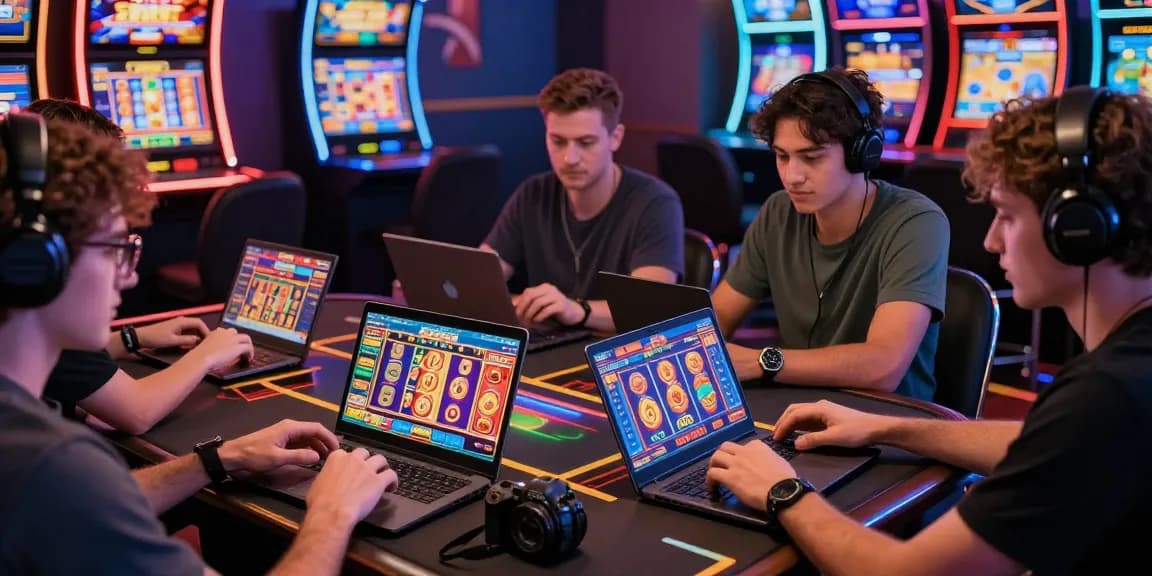 Engaging scene of players enjoying the apk slot games from Zeus, showcasing mobile devices and a vibrant online gaming atmosphere.