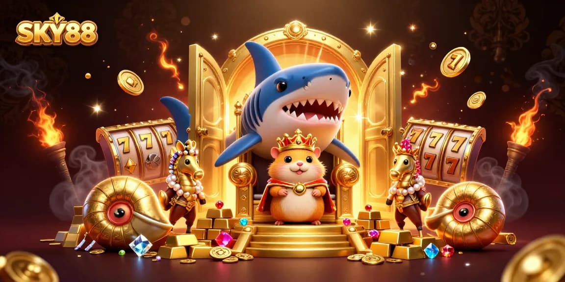 Experience thrilling gameplay in SKY88 with vibrant slot reels, golden treasures, and dynamic characters.