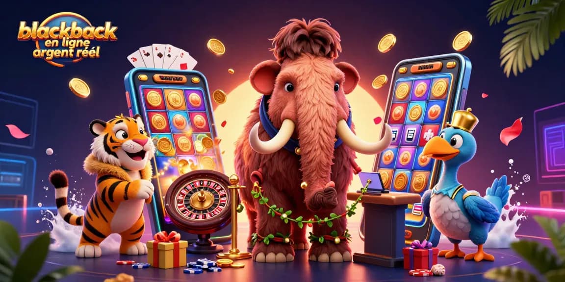Jouez au blackjack en ligne argent réel avec des personnages de casino uniques dans une scène animée et détaillée.