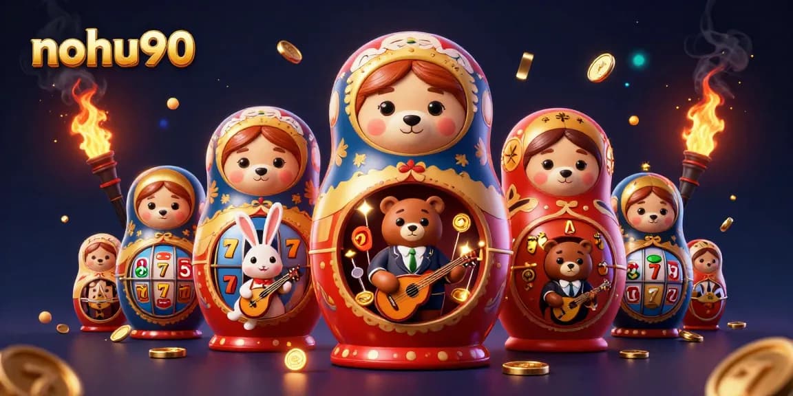 Nohu90 brings excitement with a festive casino-themed 3D illustration featuring playful characters and vibrant game elements.