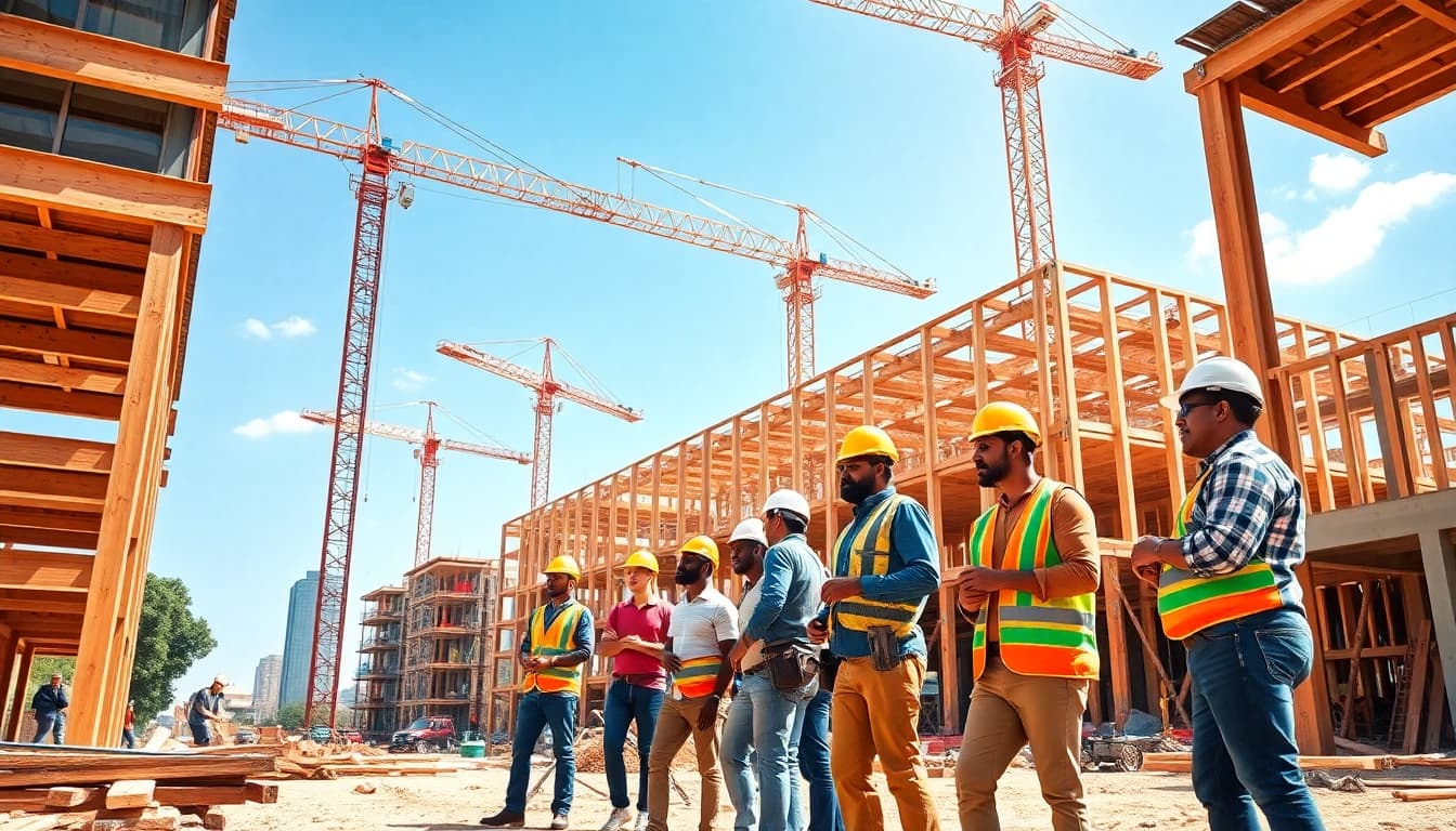 Capture showcasing Austin construction with diverse workers collaborating on a vibrant building site.