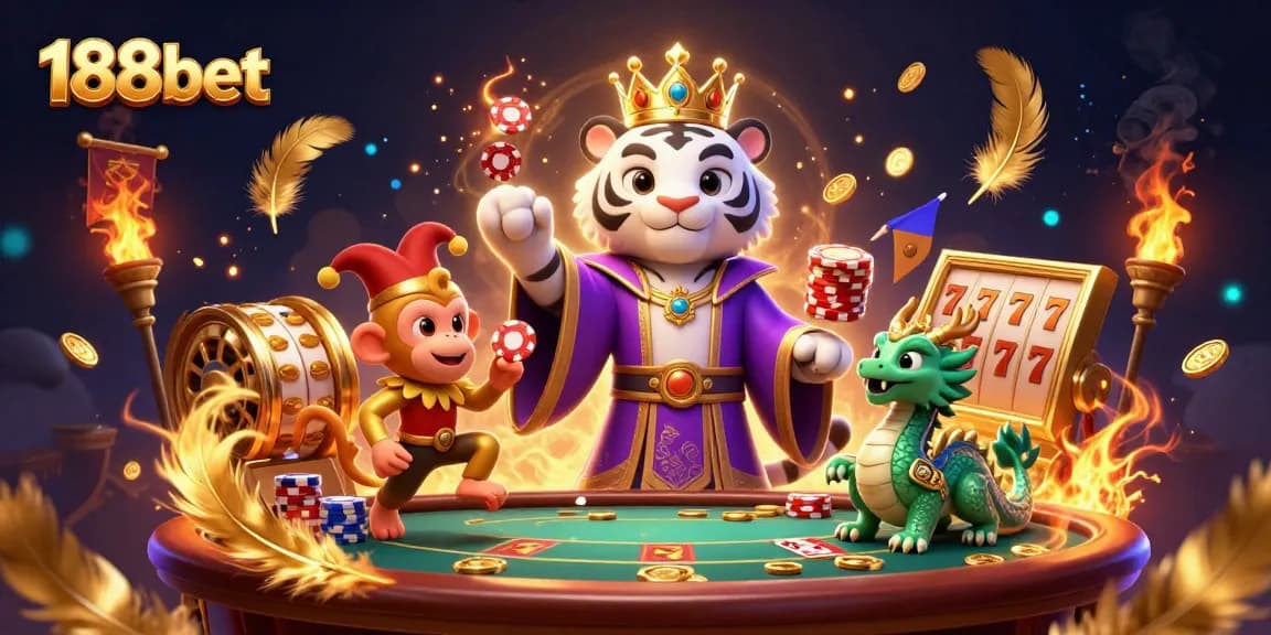 Experience thrilling wins at 188bet with an epic gaming scene featuring vibrant characters and casino elements.