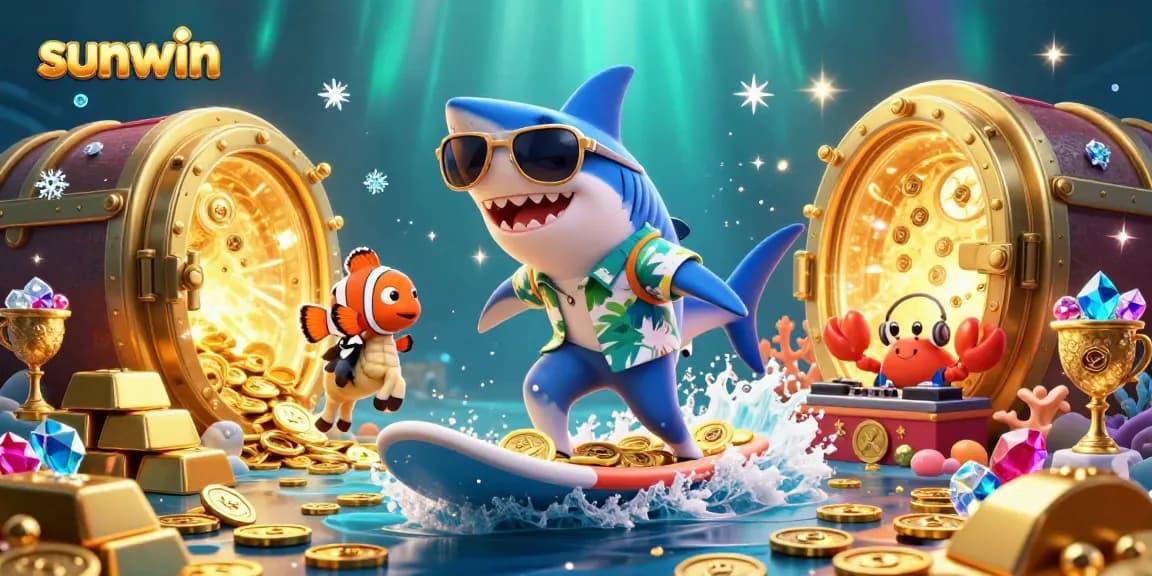 Win big at sunwin with a vibrant underwater scene showcasing playful characters amidst a treasure of coins.