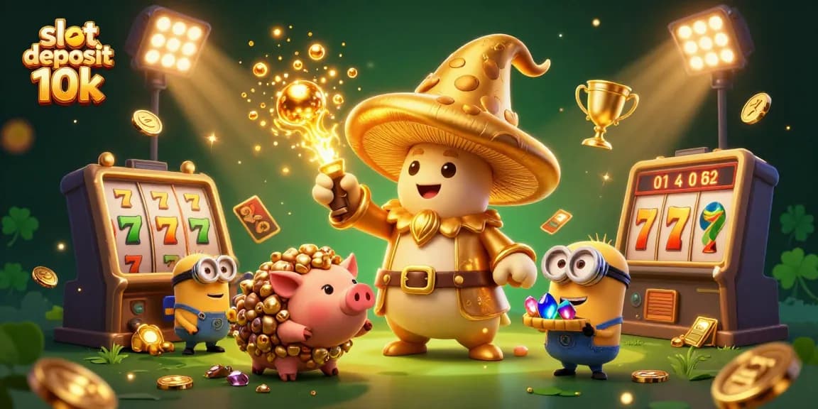 Win with slot deposit 10k showcasing golden wizard, treasure pig, and slot elements in magical casino scene.