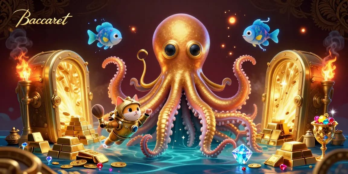 Baccarat gameplay featuring a colossal 3D kraken surrounded by golden treasures and a diving cat, highlighting epic casino adventures.