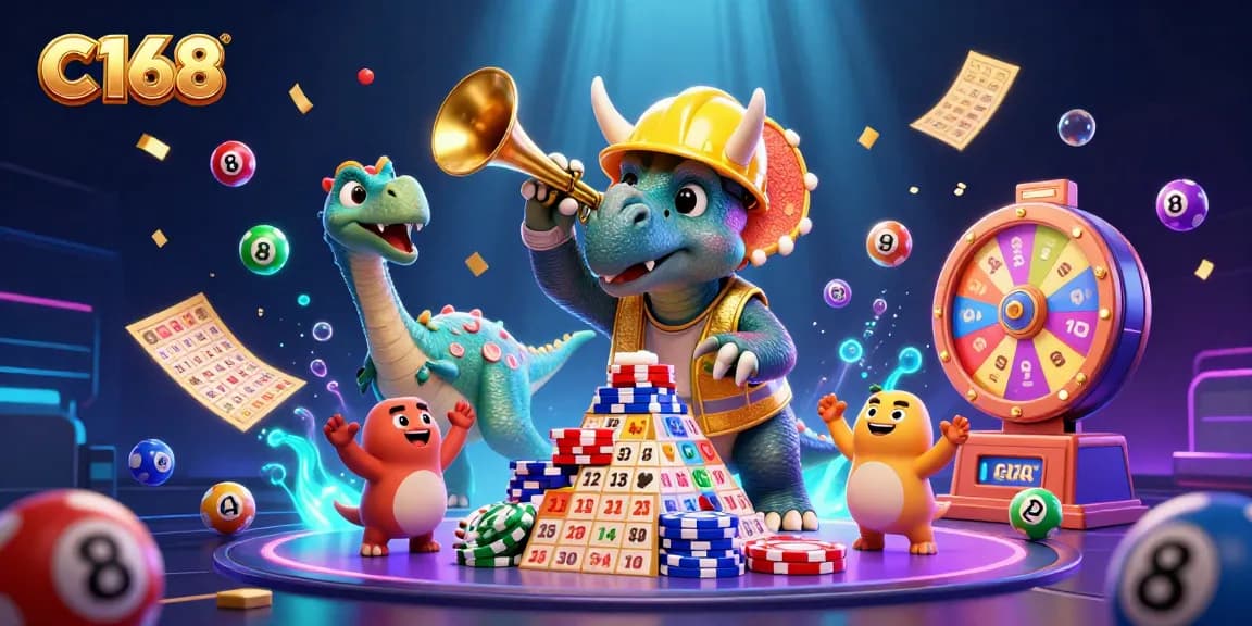 C168 showcases an animated scene of a triceratops building poker chip pyramids, celebrating casino wins with vibrant lottery balls.
