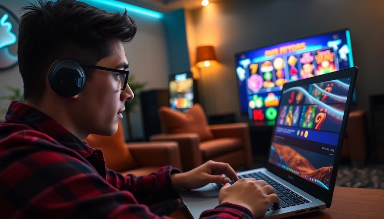 Menampilkan pemain yang bersemangat memainkan bos88 dalam suasana gaming yang nyaman.