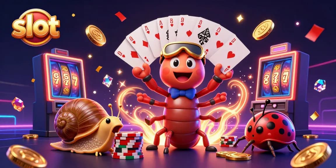 Spinning lucky slot reels amidst lively casino characters and gold coins.