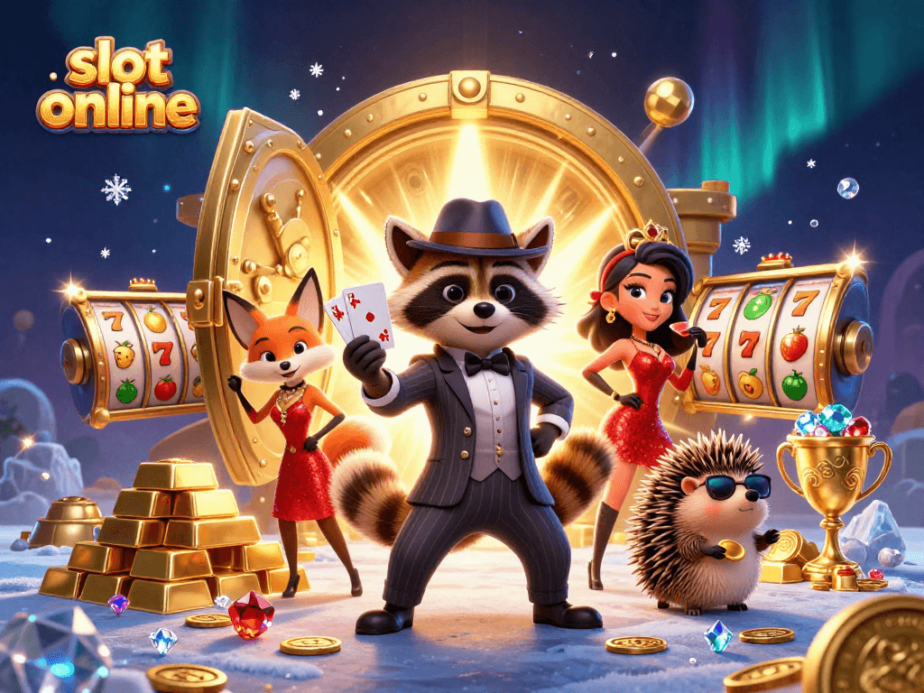 Engage with slot online excitement featuring characters amidst a dazzling golden vault and spinning reels.