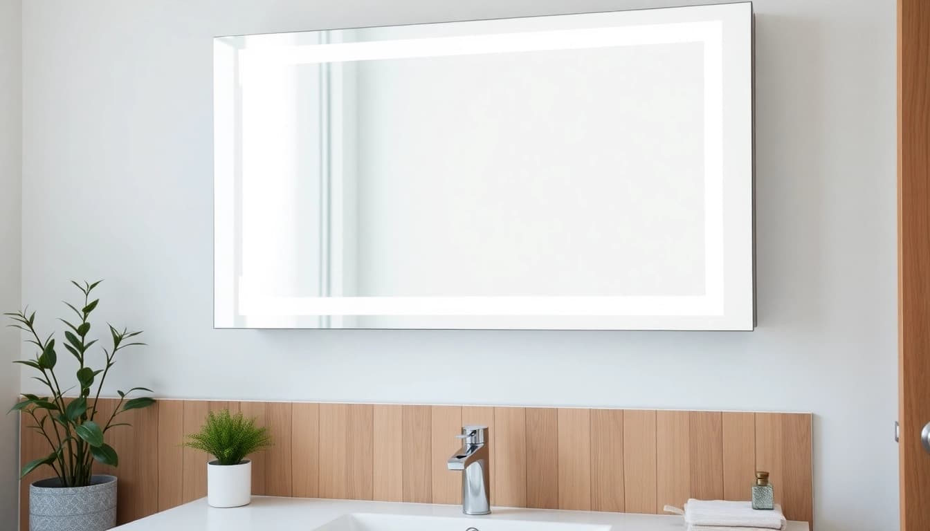 Enhance your space with a stylish bathroom mirror with LED light, illuminating the modern decor.
