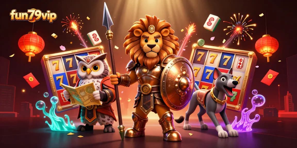 Experience thrilling gameplay at fun79vip with a dynamic 3D casino scene featuring a Spartan lion and vibrant game elements.