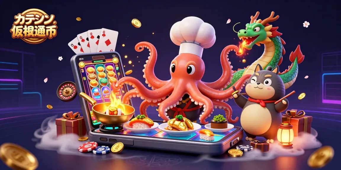 オンライン カジノ 仮想通貨で楽しむ三人のキャラクターがゲーム要素に囲まれたイラスト。