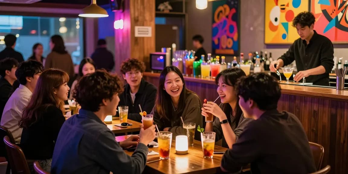 A lively gathering at 상봉동 한국관나이트, featuring friends enjoying drinks and vibrant neon lights in an inviting nightlife atmosphere.