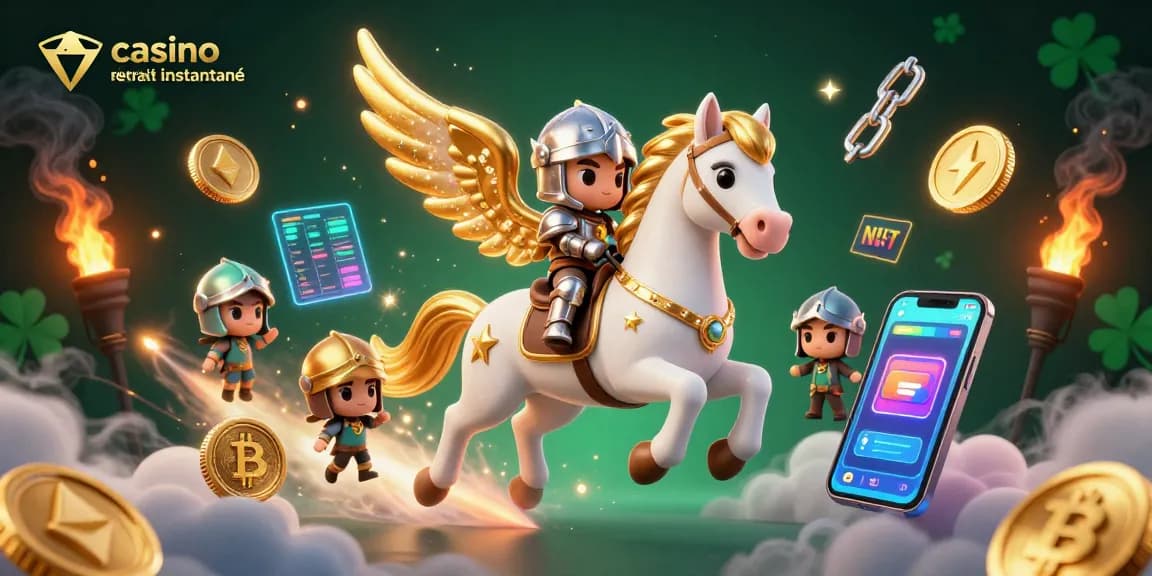 Profitez de l'excitation du casino en ligne retrait instantané avec un cheval céleste et un chevalier, entourés de pièces de crypto-monnaies.