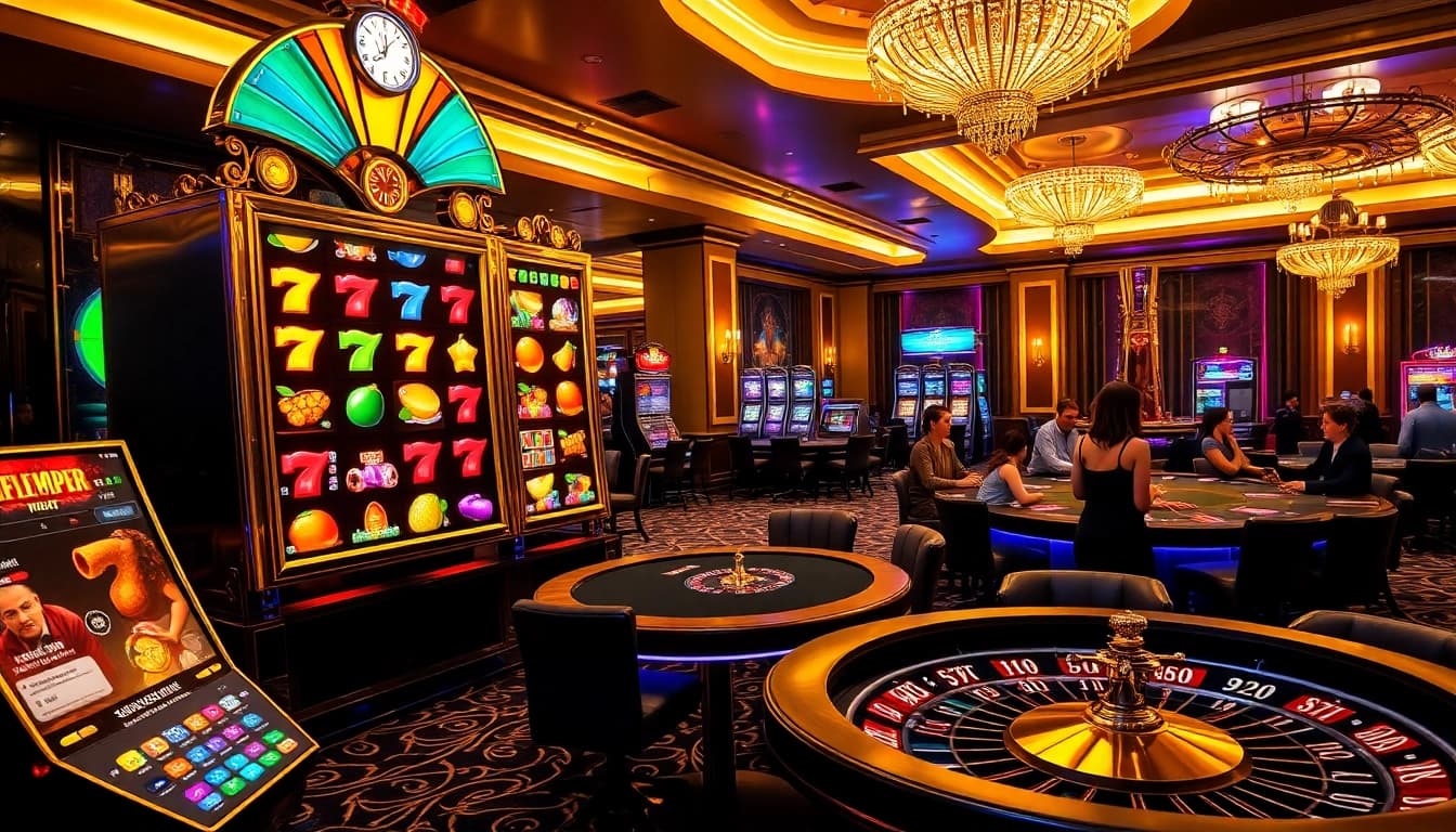Experience the thrill of slot kamboja bet 100 with vibrant casino visuals showcasing exciting slot machines.