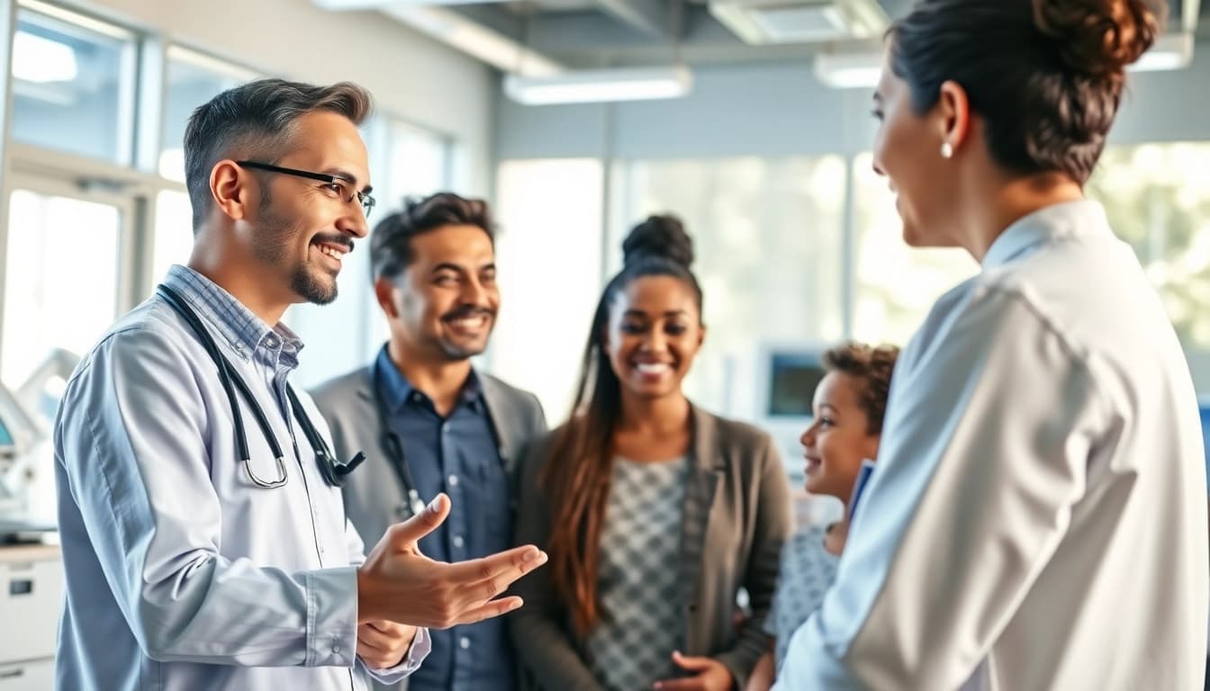 Prominent health expert providing guidance on health to a young family in a modern clinic.