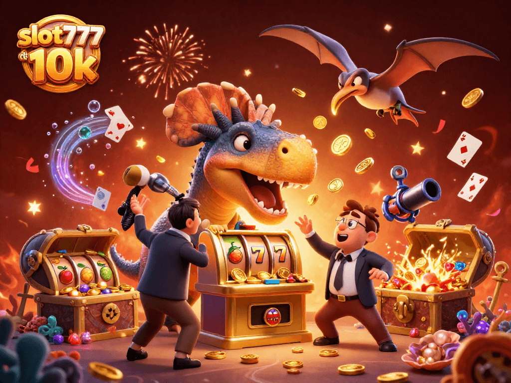 Experience thrilling wins with slot777 depo 10k, featuring dinosaurs in a dynamic casino scene.