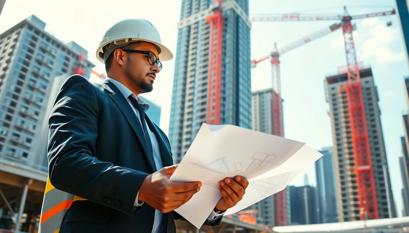 New York City Construction Manager analyzing plans at a lively construction site.