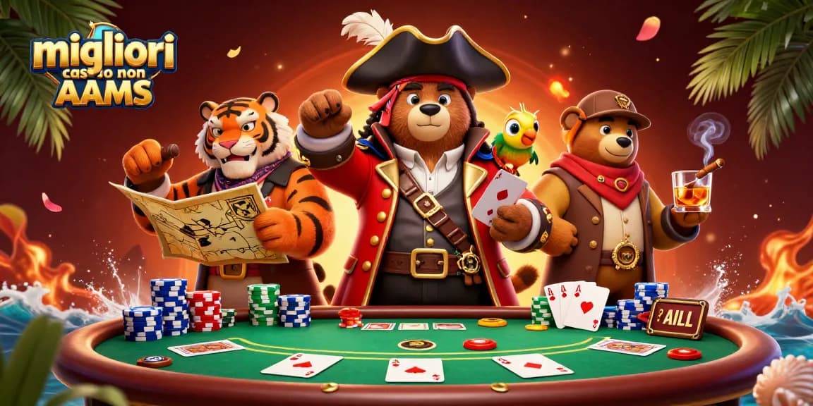 Migliori casino non AAMS mostrano un orsacchiotto pirata e una tigre con mappe mentre giocano a poker.