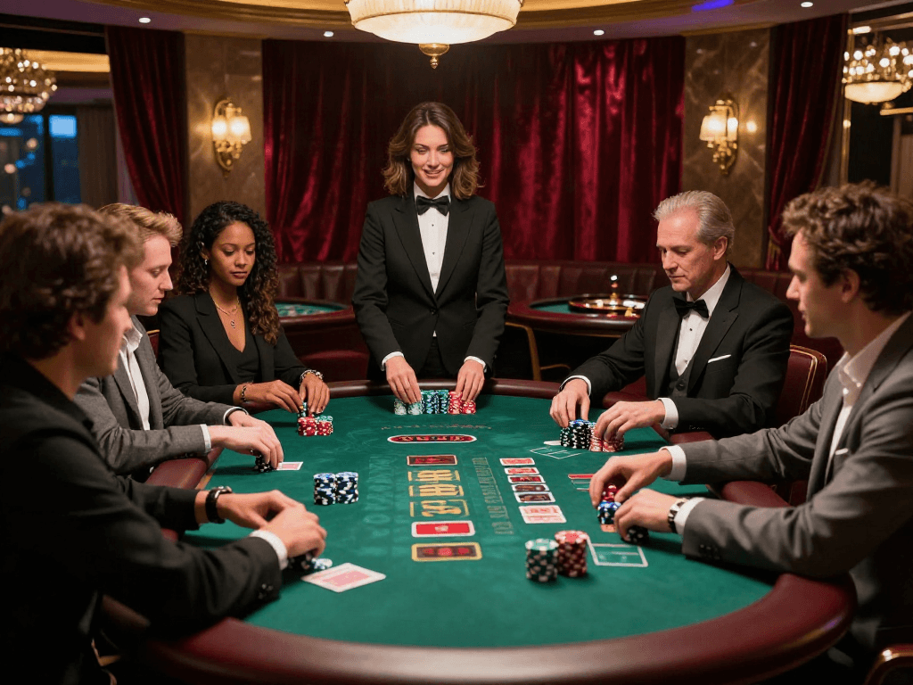 Situs live casino players enjoying an exciting game at a luxury table with vibrant atmosphere.