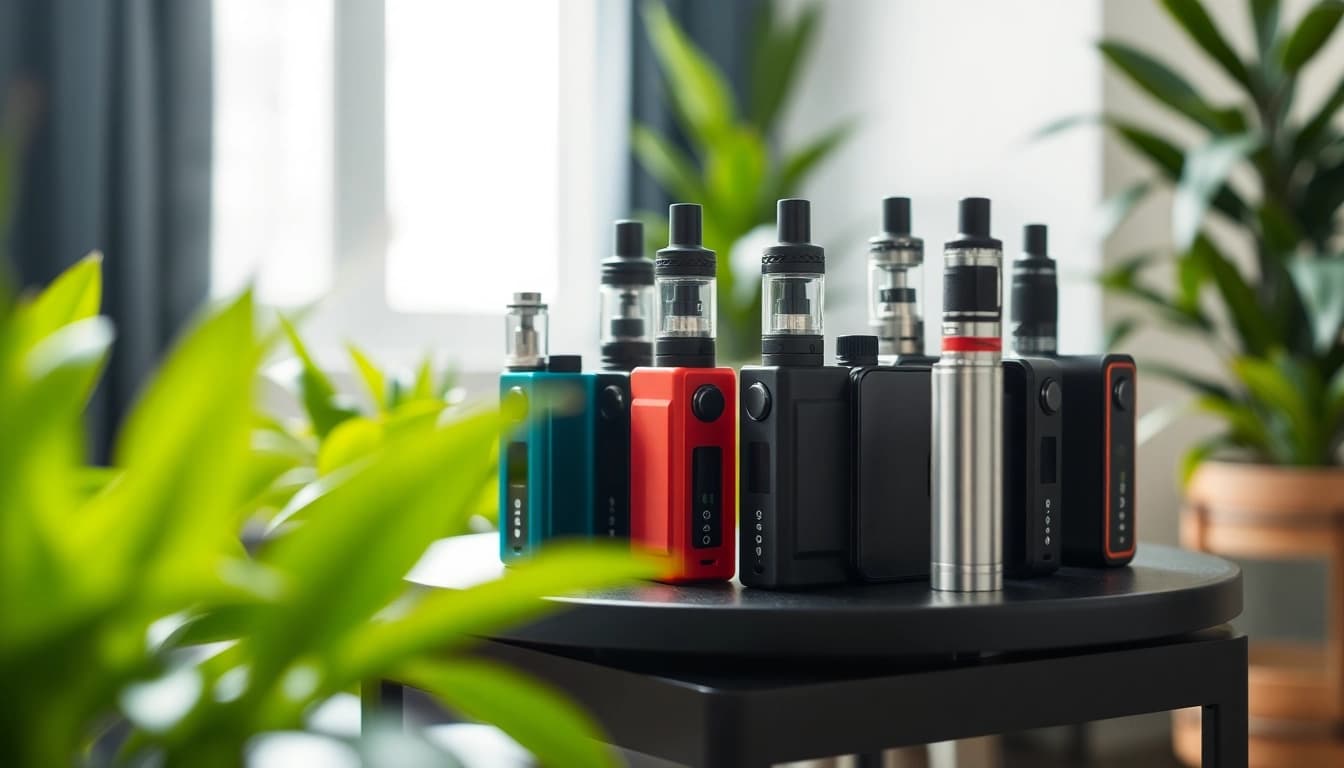 Showcase of vapes without nicotine in a serene setting highlighting their vibrant designs.