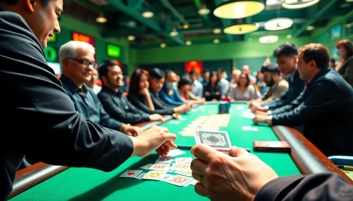 Bermain bandar togel dengan dealer dan pemain terlibat di meja judi dengan suasana meriah.