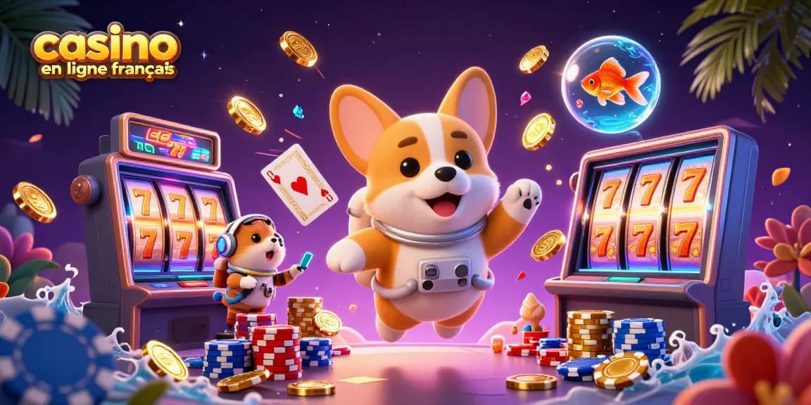 Jouez au casino en ligne français avec des personnages animés dans une scène colorée d'illustration 3D.