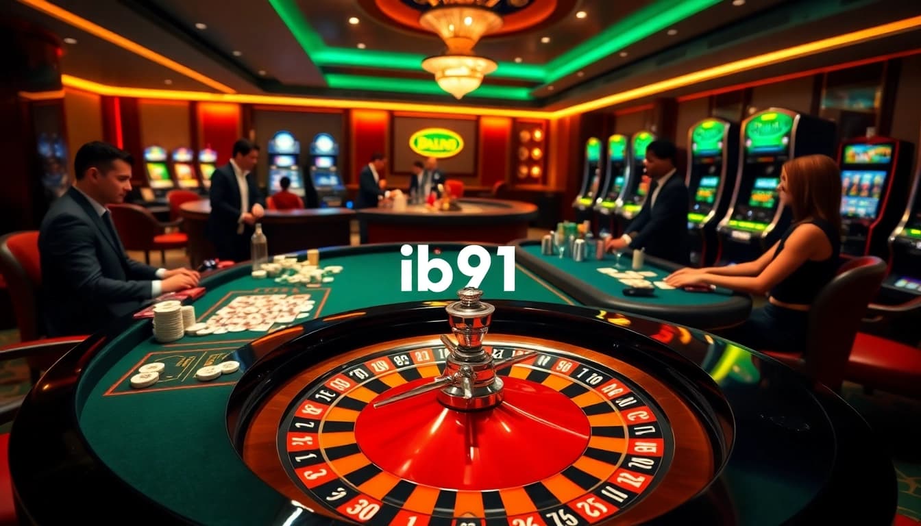 Experience thrilling gambling action at ib91.in with a vibrant casino scene featuring roulette and poker games.