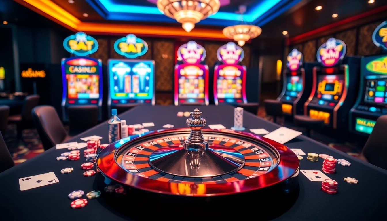 Experience the excitement of S8 casino with vibrant gaming tables, roulette, and poker chips.