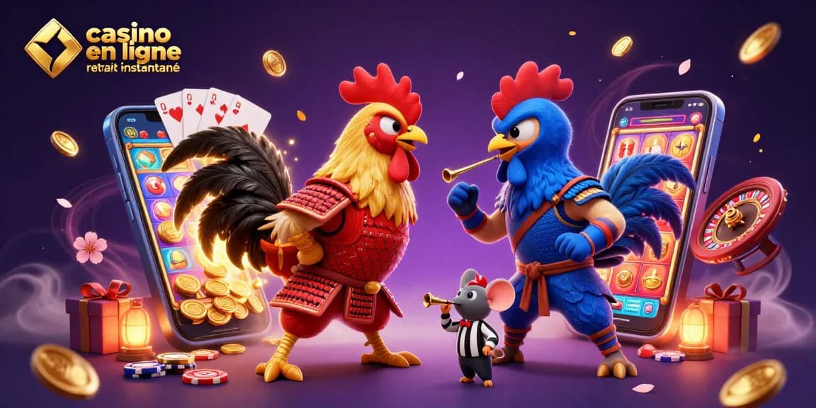 Jeux au casino en ligne retrait instantané, avec des coqs en combat et des éléments de jeux d'argent.
