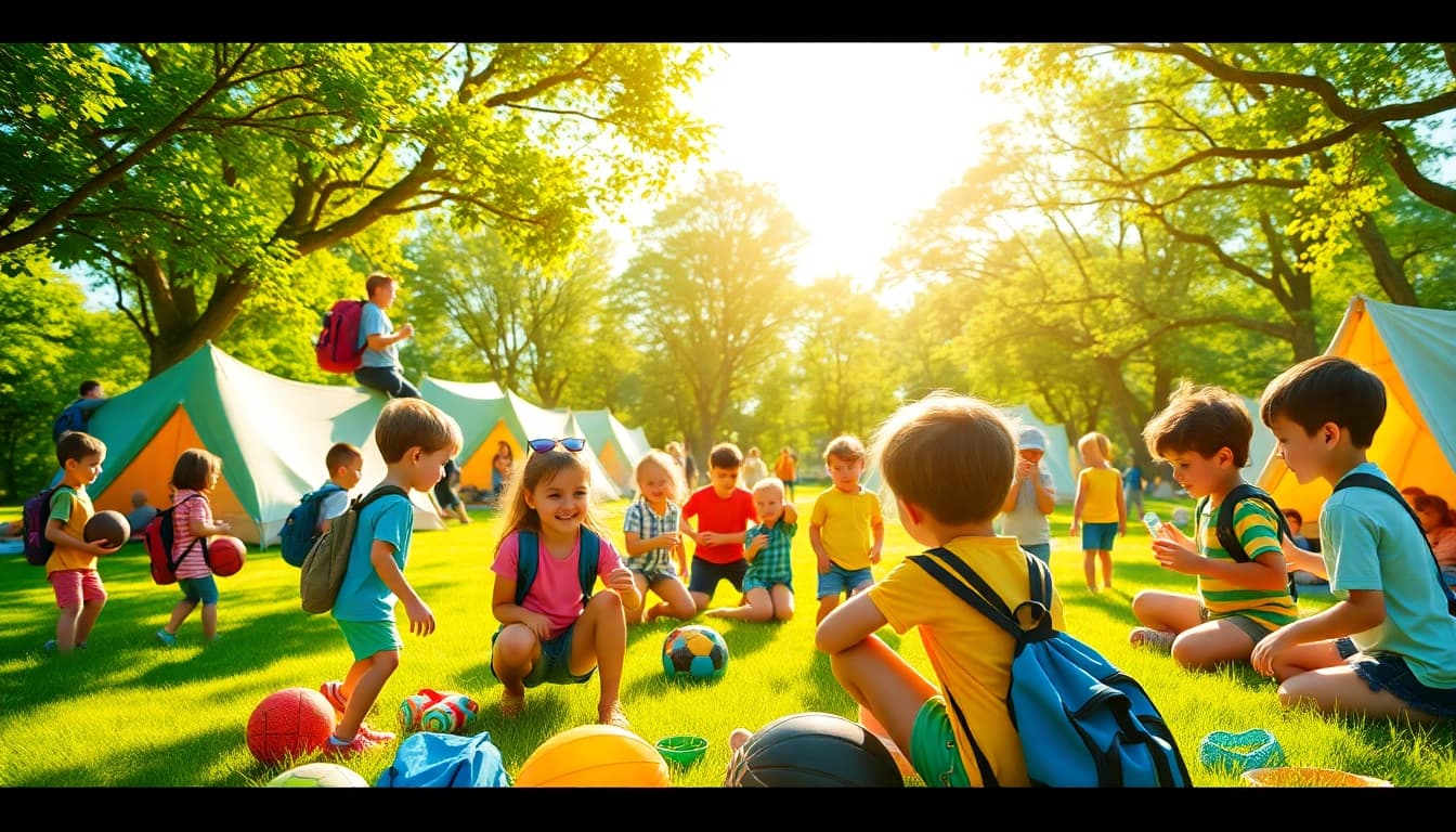Children participating in fun activities at a summer youth camp, showcasing joy and teamwork.