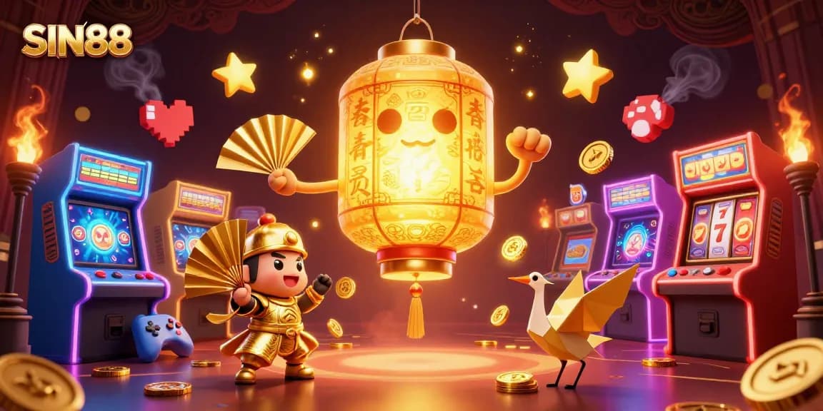 Experience the vibrant SIN88 casino scene with golden lantern spirits and dynamic gaming elements.
