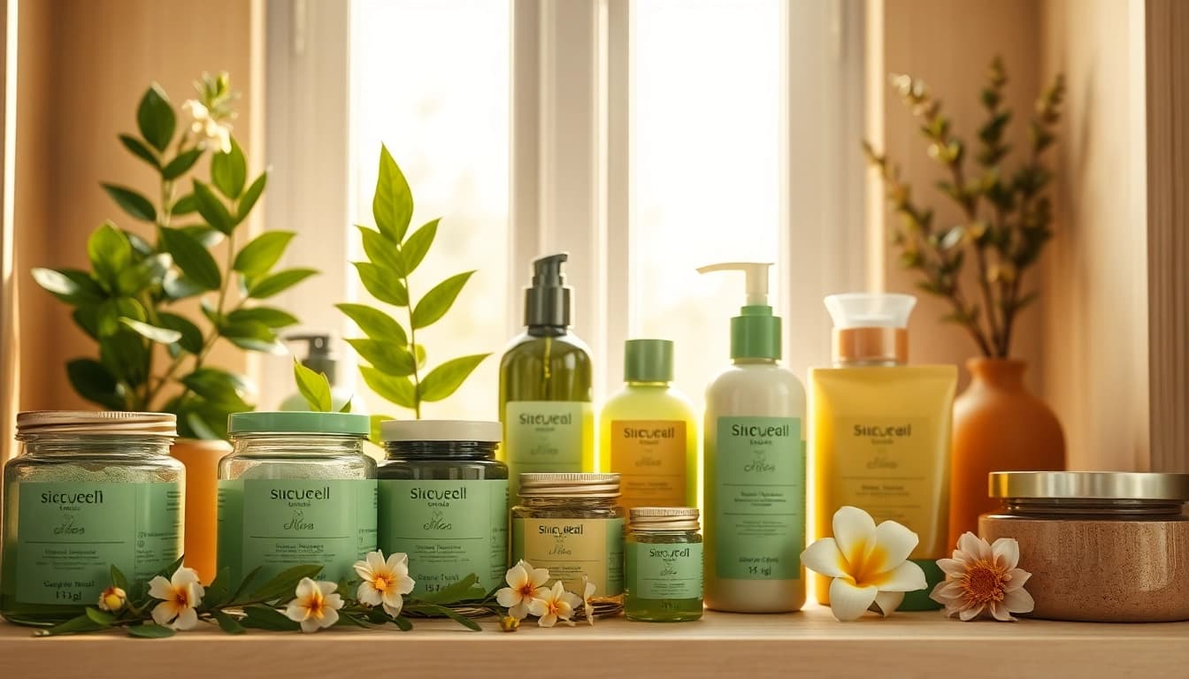 Naturali kosmetika asortimentas su ekologiškais ingredientais ir natūralia aplinka