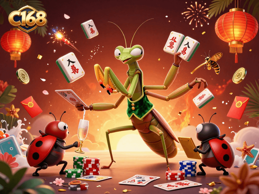 C168 players enjoying a vibrant casino scene with a card sharp and pit boss, surrounded by festive gaming elements.