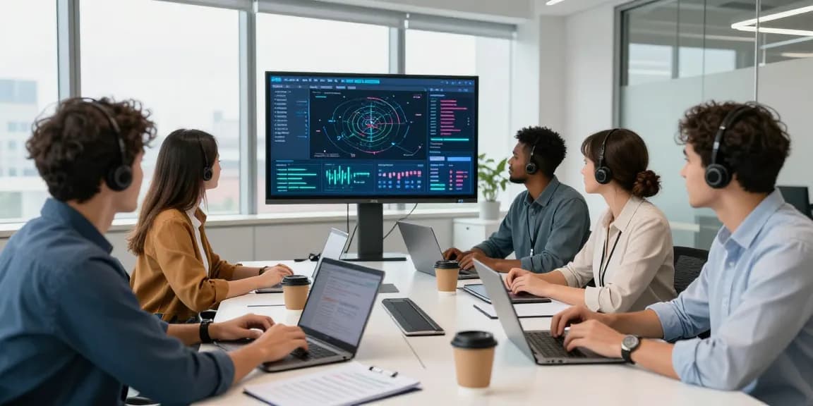 Team collaborating on IT business support solutions in a professional office setting.