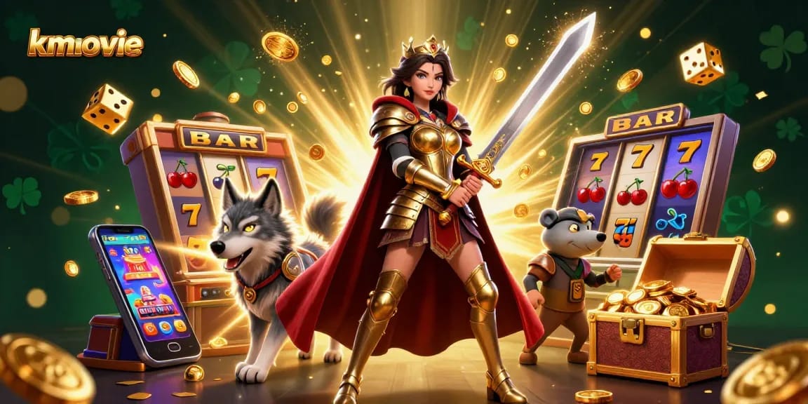 kmovie showcases a stunning warrior queen surrounded by casino elements while pursuing jackpot wins in this dynamic illustration