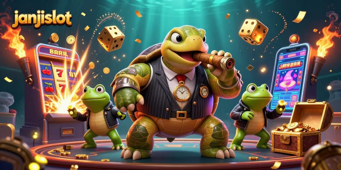 Experience the thrill of janjislot with a dynamic casino scene featuring a turtle mobster and vibrant slot elements.