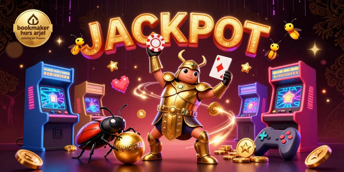 Visualisez le bookmaker hors ARJEL autorisé en France avec un scarabée en armure dorée célébrant un jackpot.